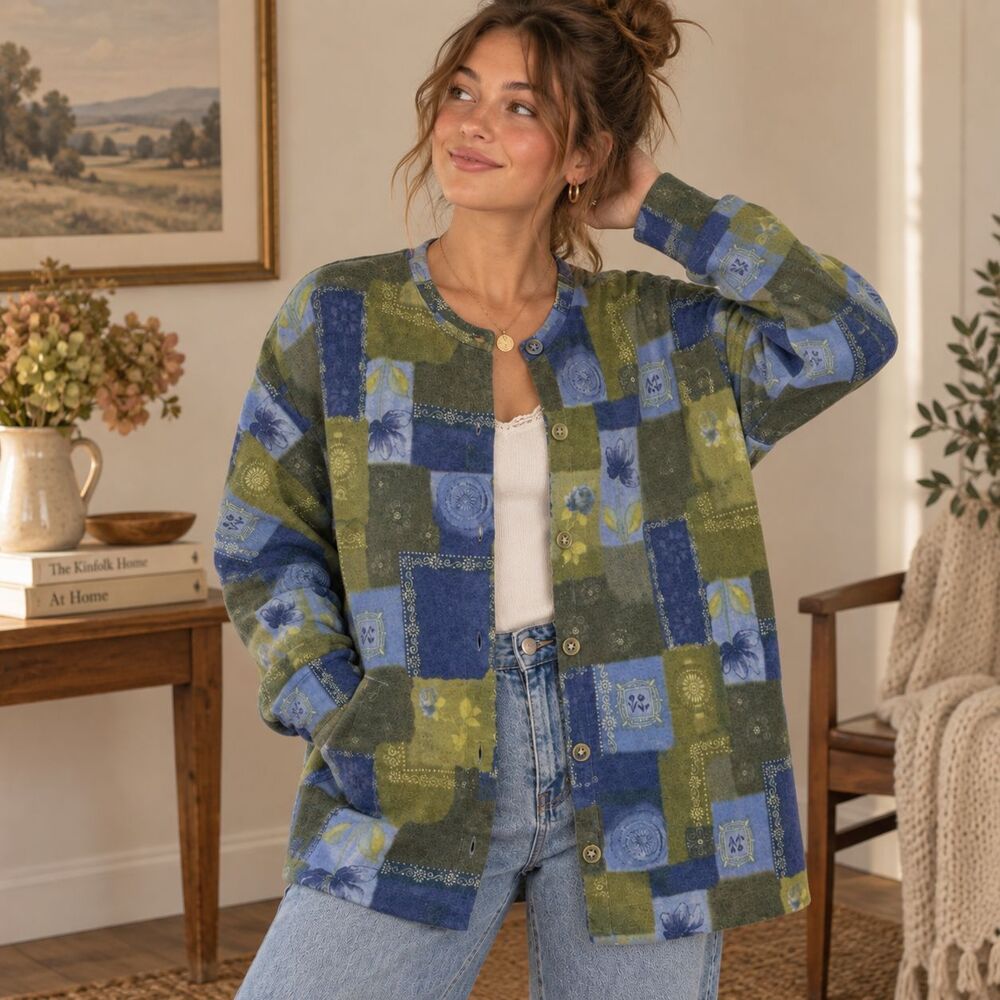 Vintage Gabriella T Womens Merino Wool Blend Patchwork Cardigan 1X Made in Italy